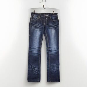 Level 7 Jeans Womens Size 9 Indigo Straight Dark Vintage Wash Whiskered Faded